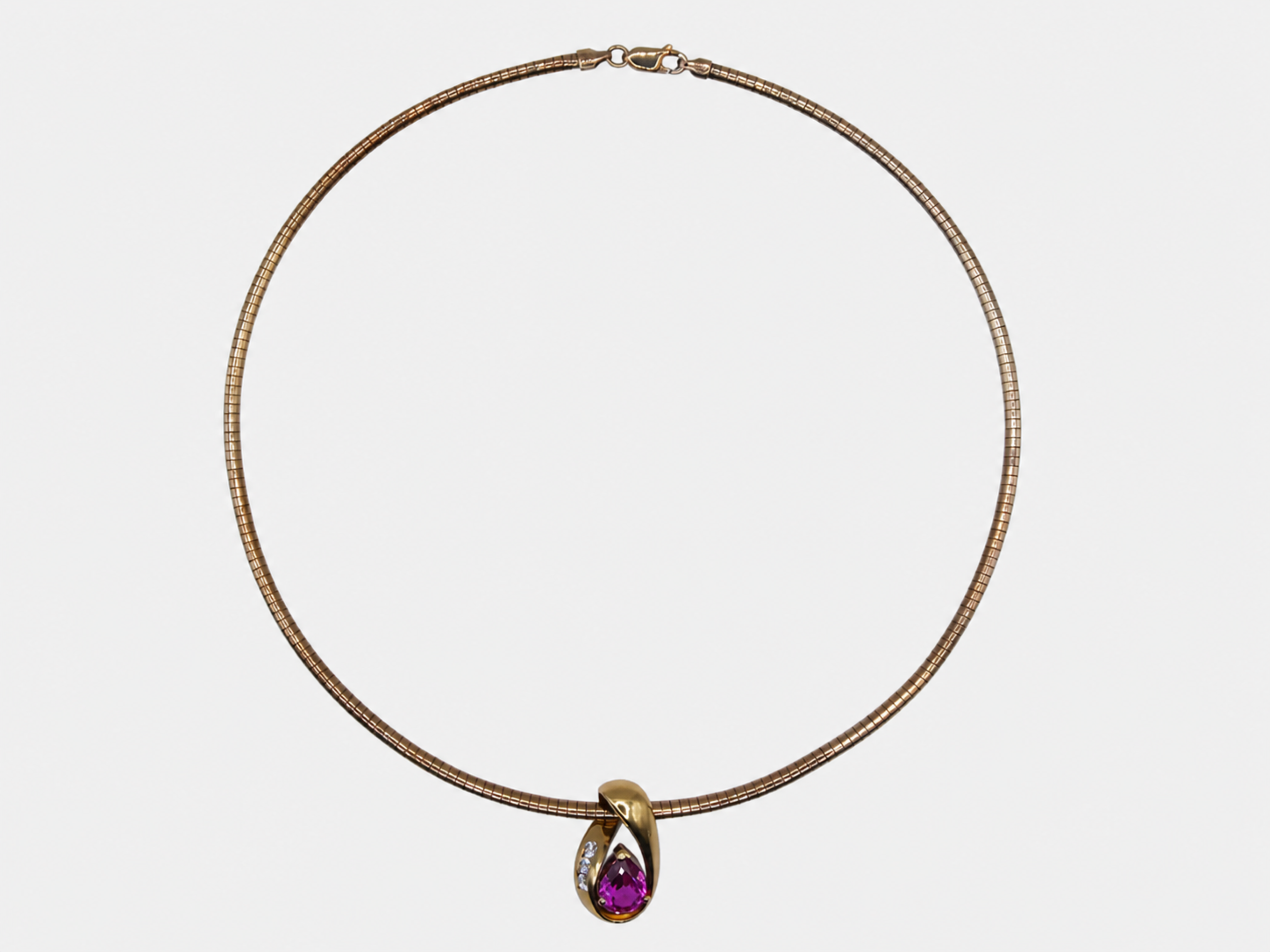 Vintage Gold Omega Link Necklace with Pink CZ Slide Pendant