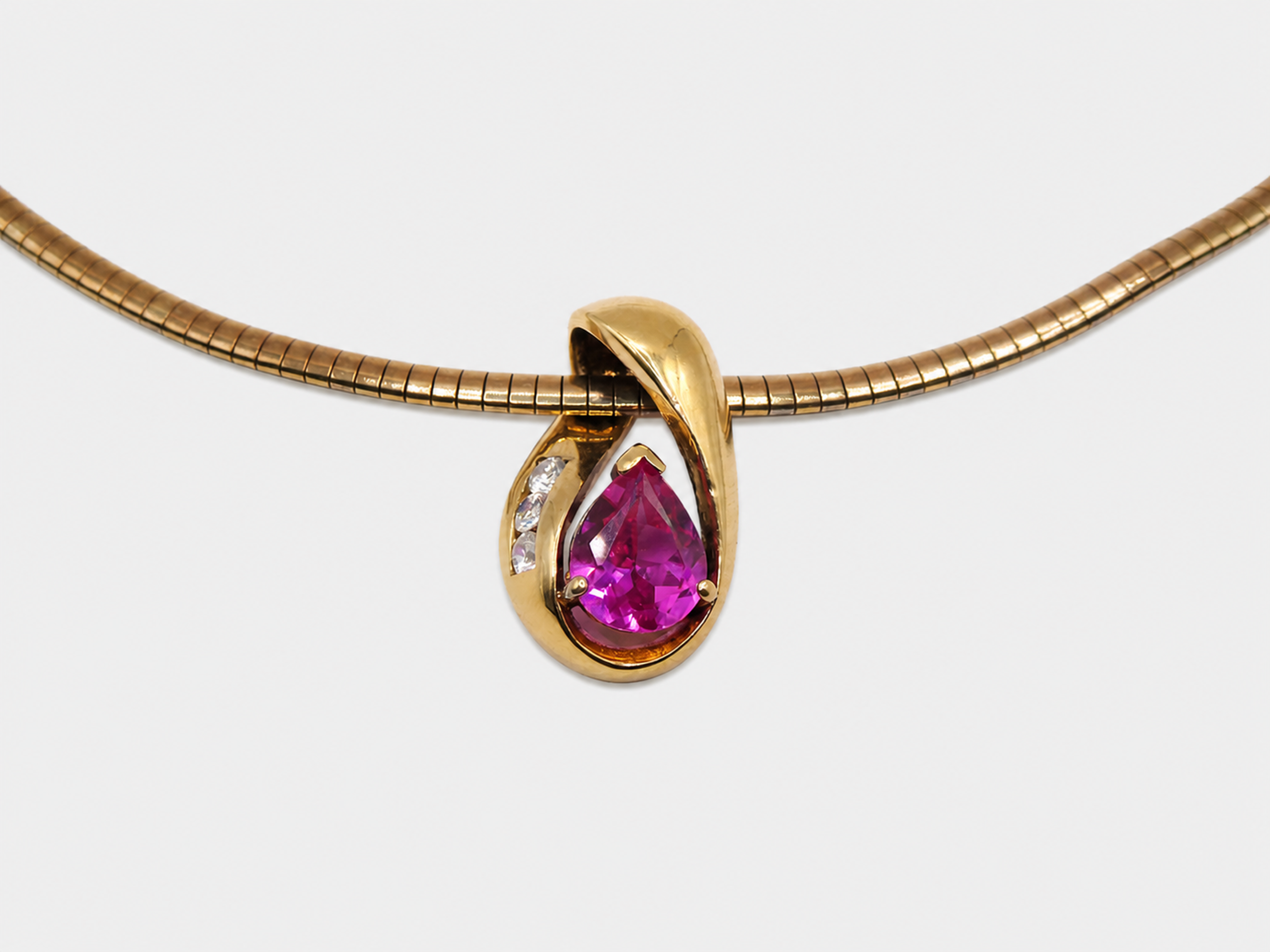 Vintage Gold Omega Link Necklace with Pink CZ Slide Pendant