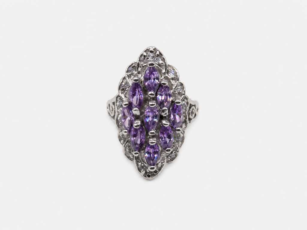 Vintage Marquise Amethyst and CZ Cluster Ring