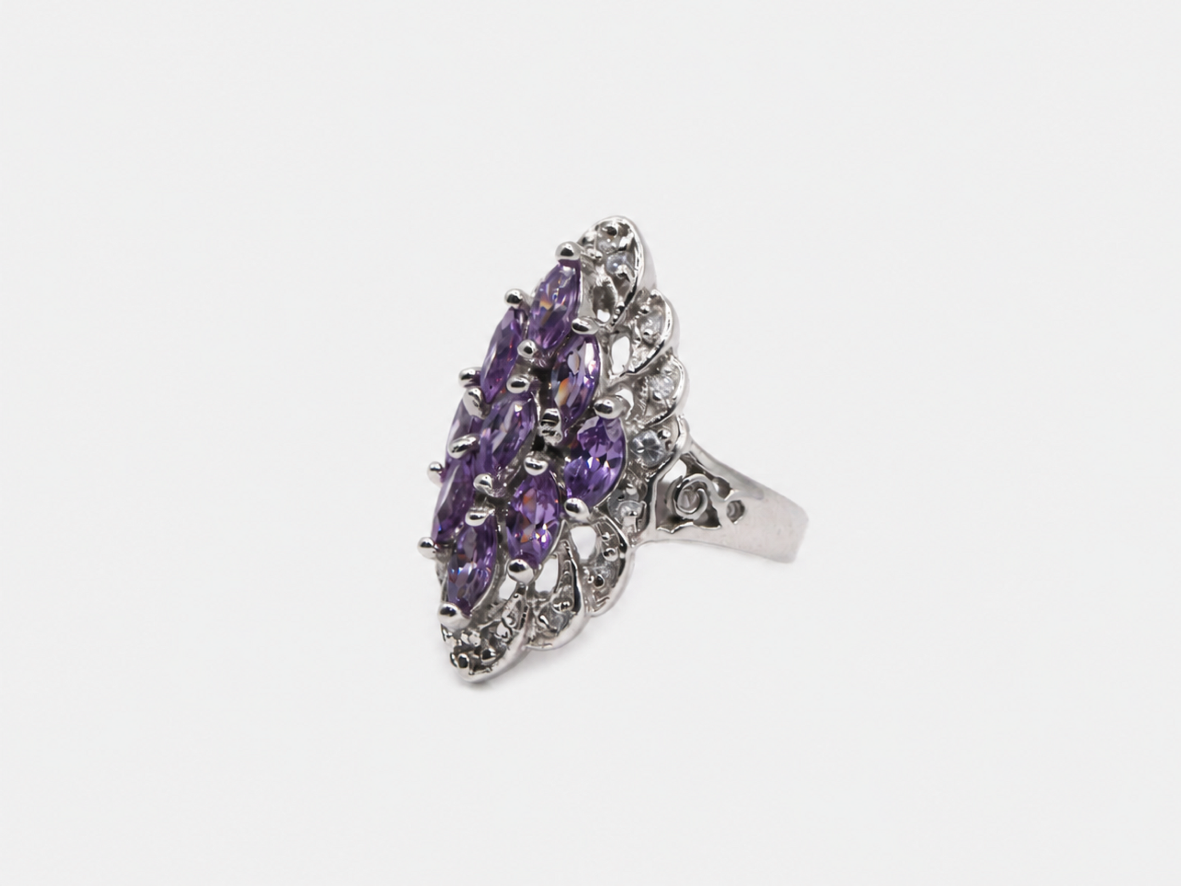 Vintage Marquise Amethyst and CZ Cluster Ring