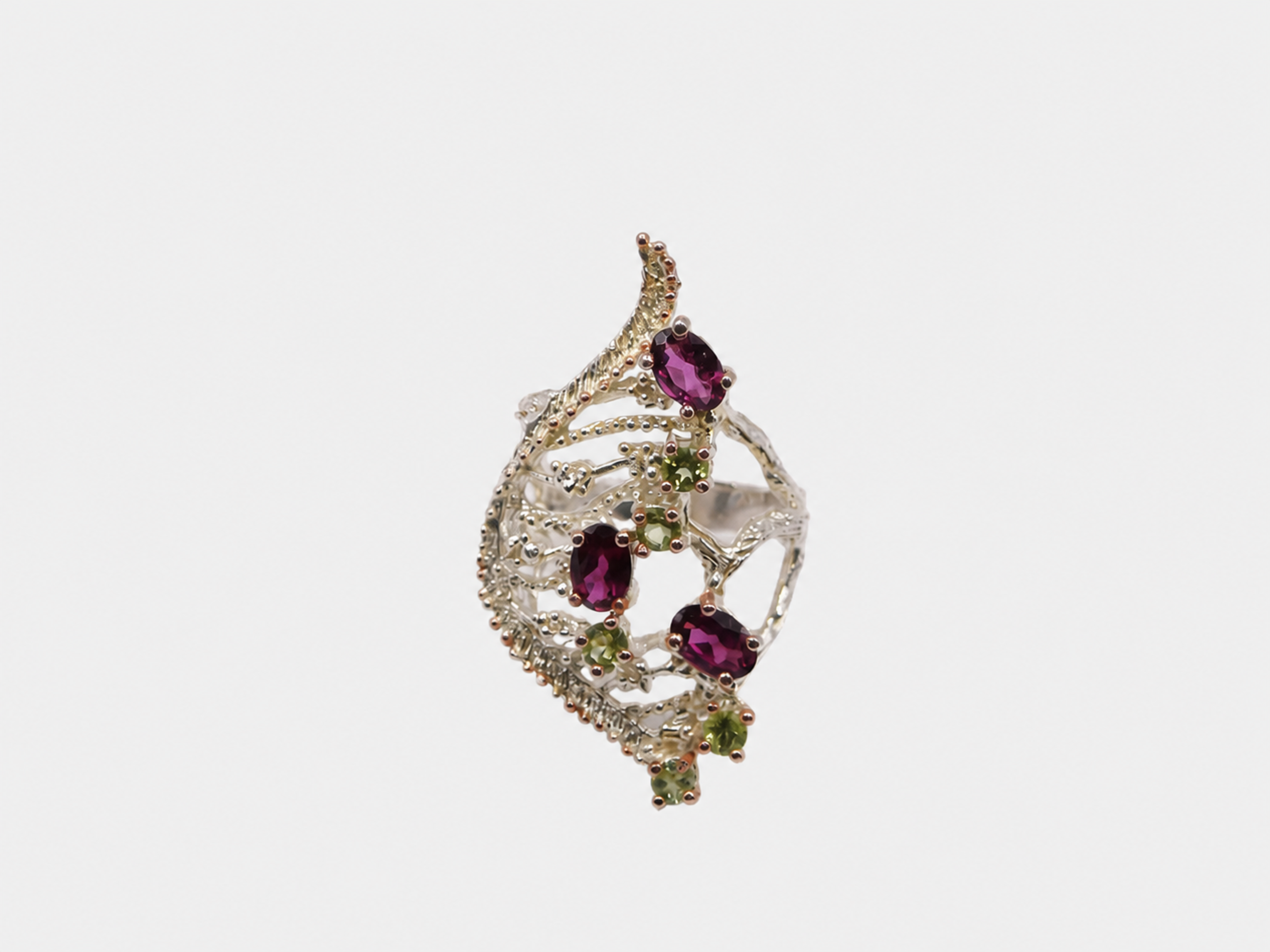 Vintage Silver Rhodalite & Peridot Abstract Teardrop Ring