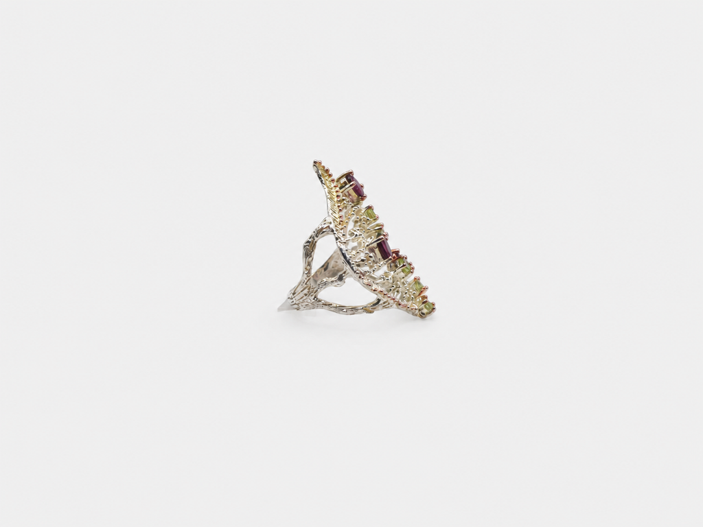 Vintage Silver Rhodalite & Peridot Abstract Teardrop Ring