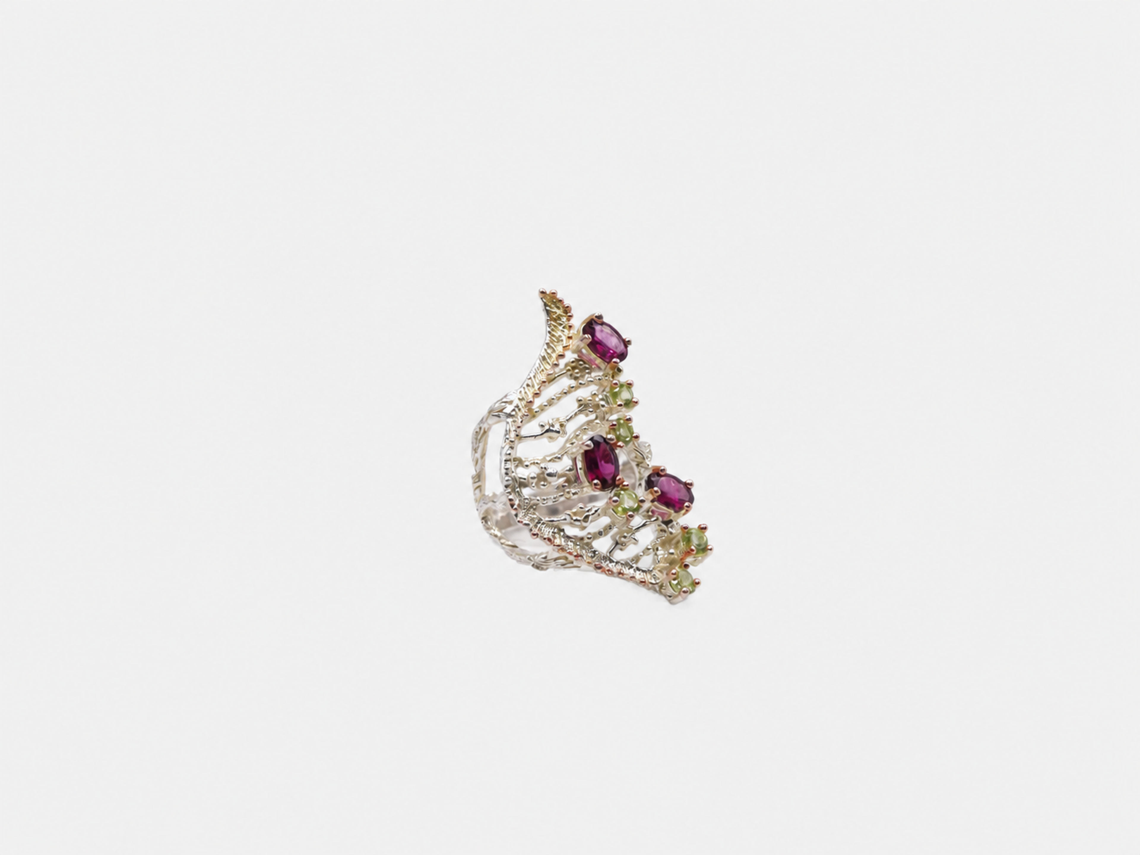 Vintage Silver Rhodalite & Peridot Abstract Teardrop Ring