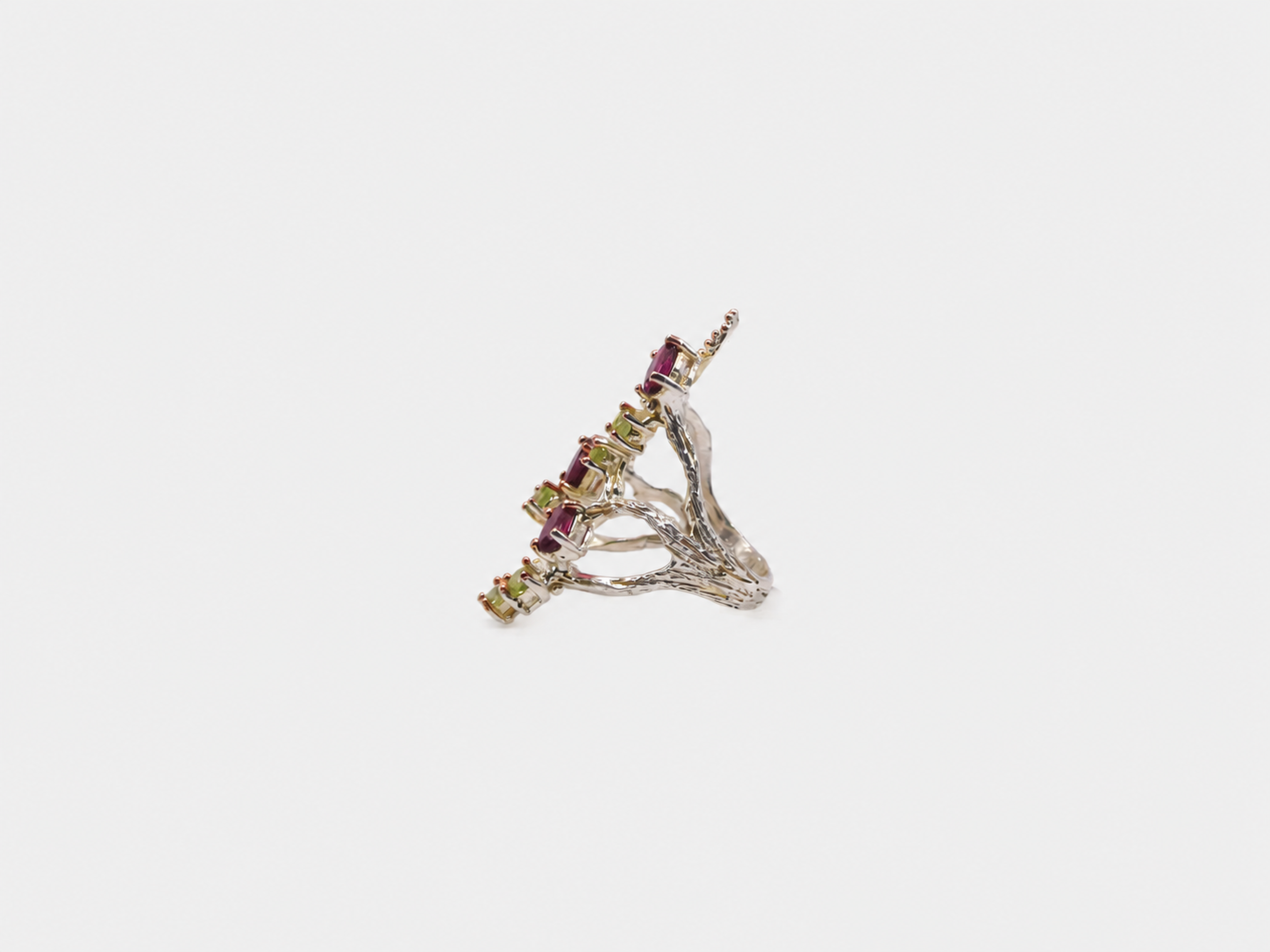 Vintage Silver Rhodalite & Peridot Abstract Teardrop Ring
