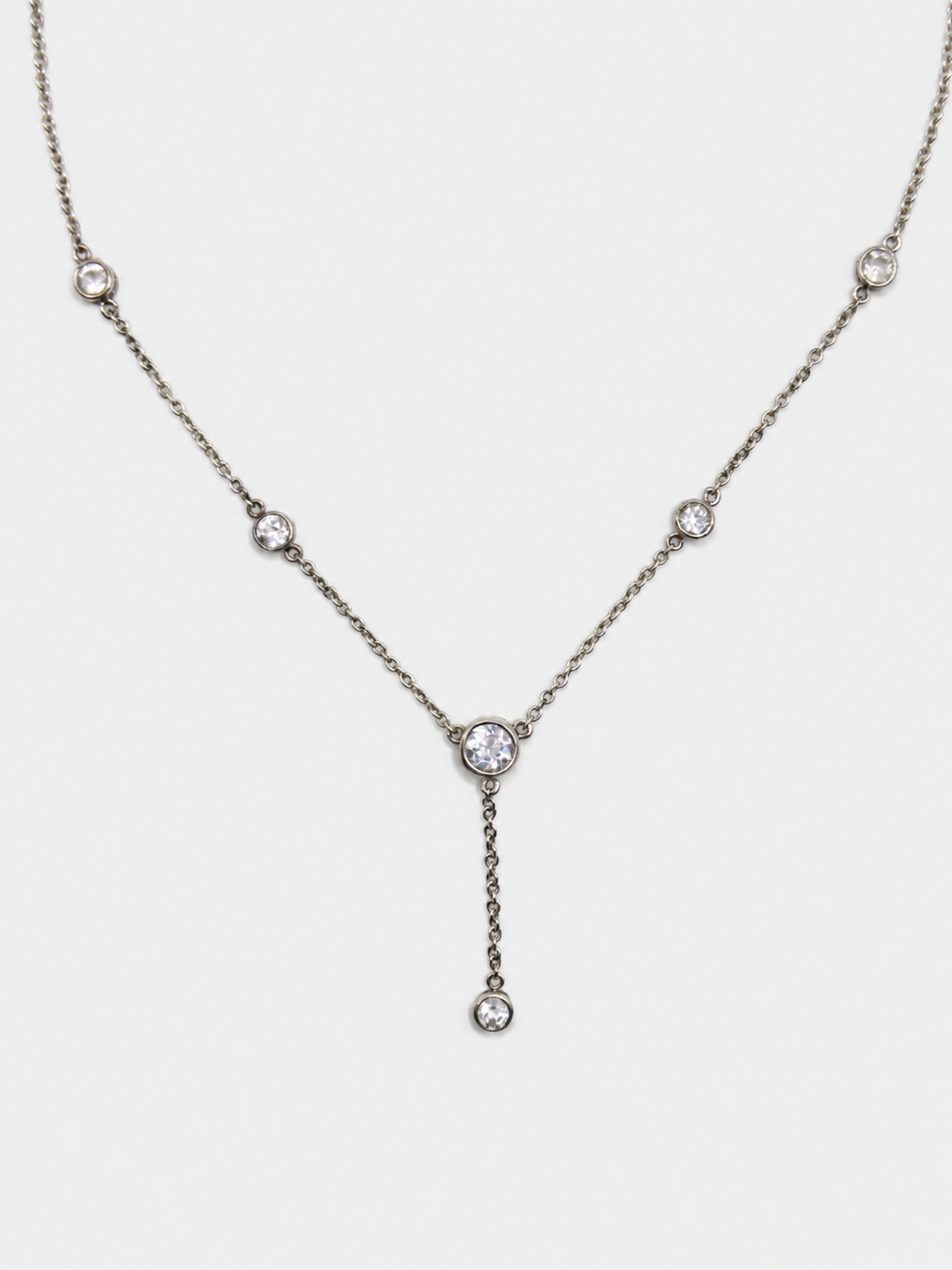 Vintage Silver Lariat CZ Station Necklace