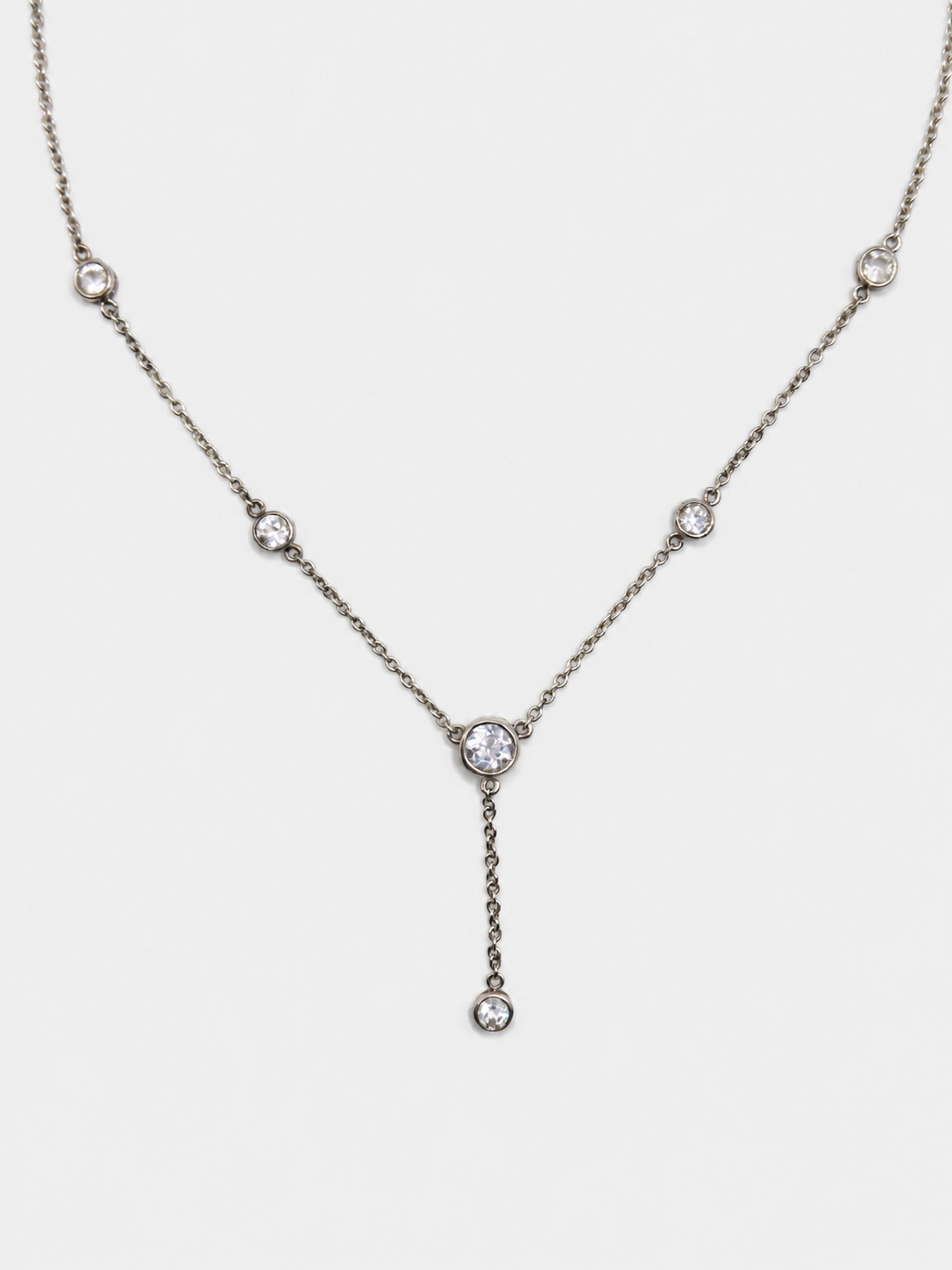 Vintage Silver Lariat CZ Station Necklace