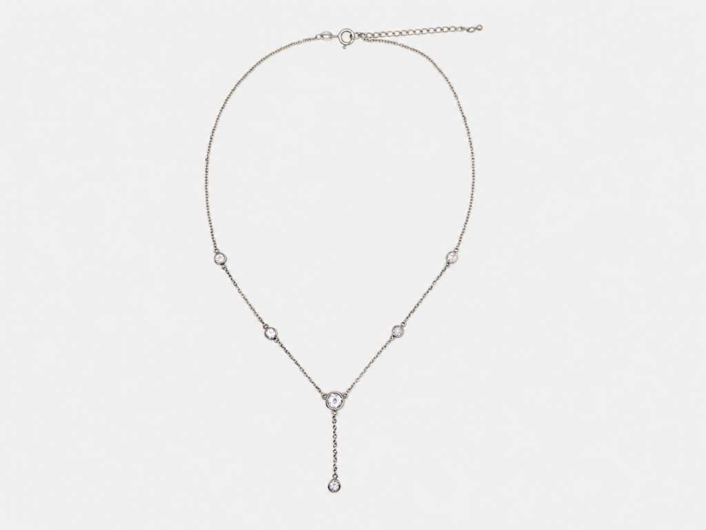 Vintage Silver Lariat CZ Station Necklace