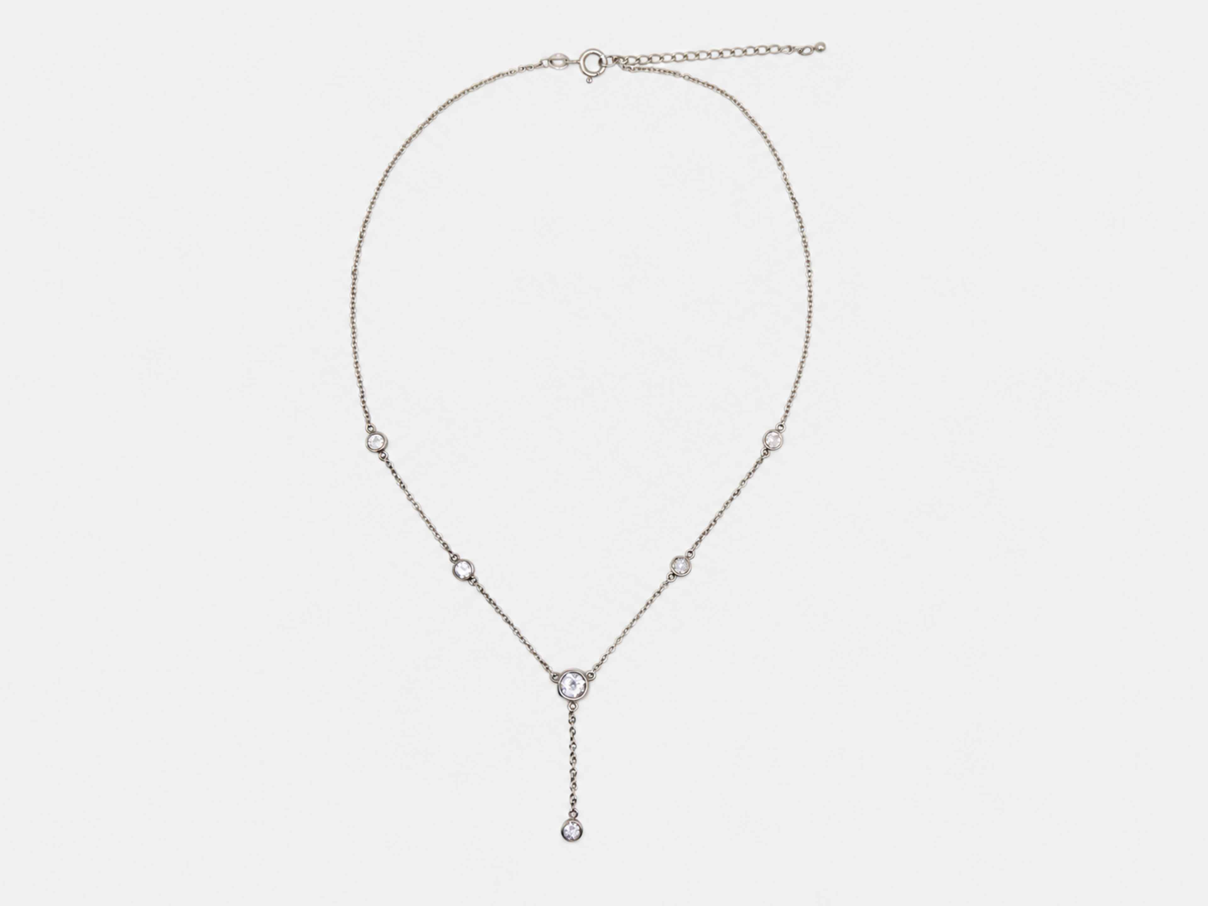 Vintage Silver Lariat CZ Station Necklace