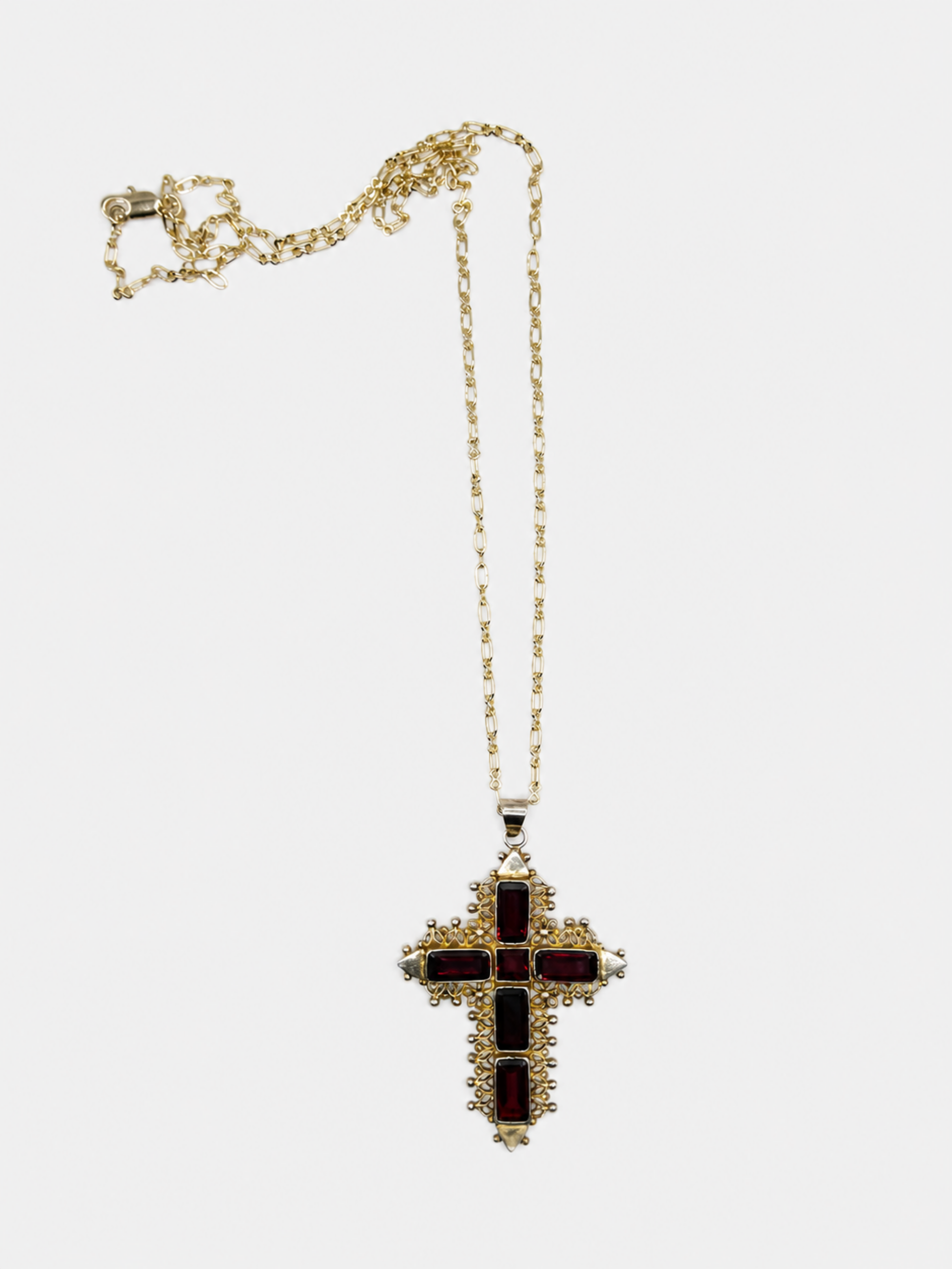 Vintage Gold Garnet Filigree Cross Necklace