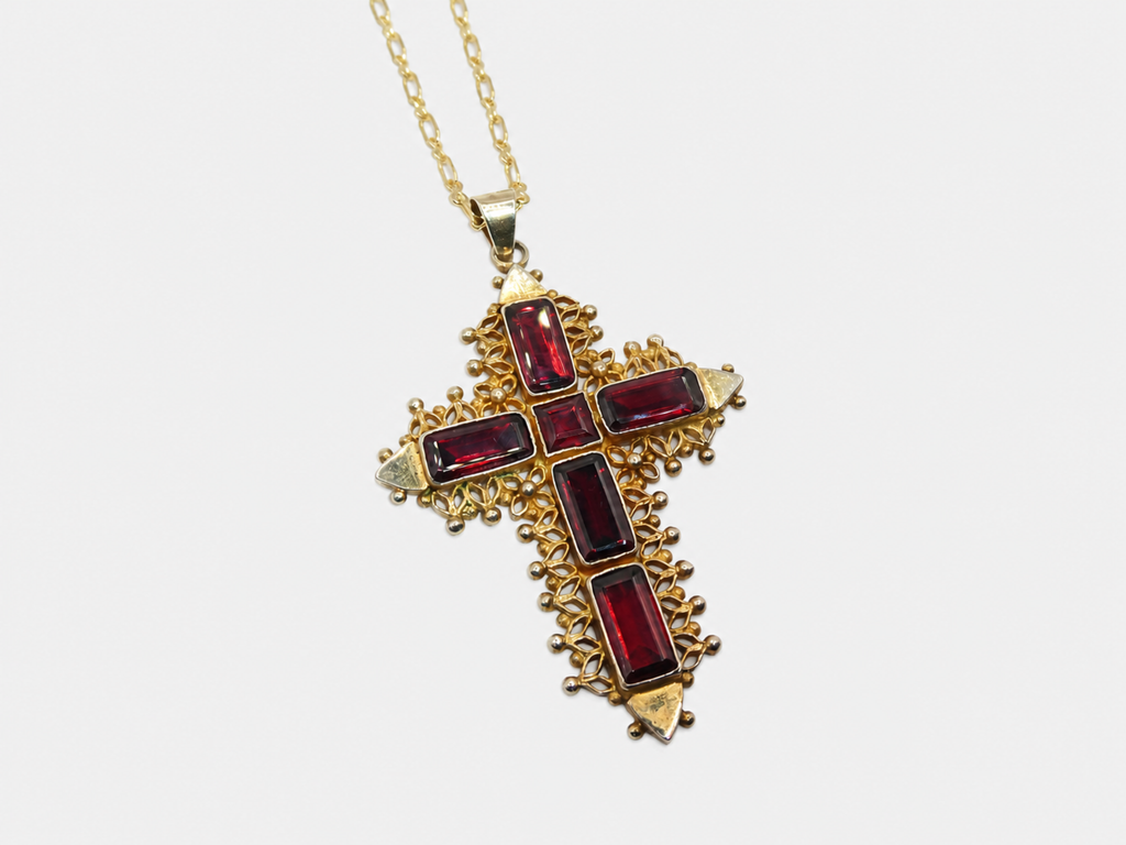 Vintage Gold Garnet Filigree Cross Necklace