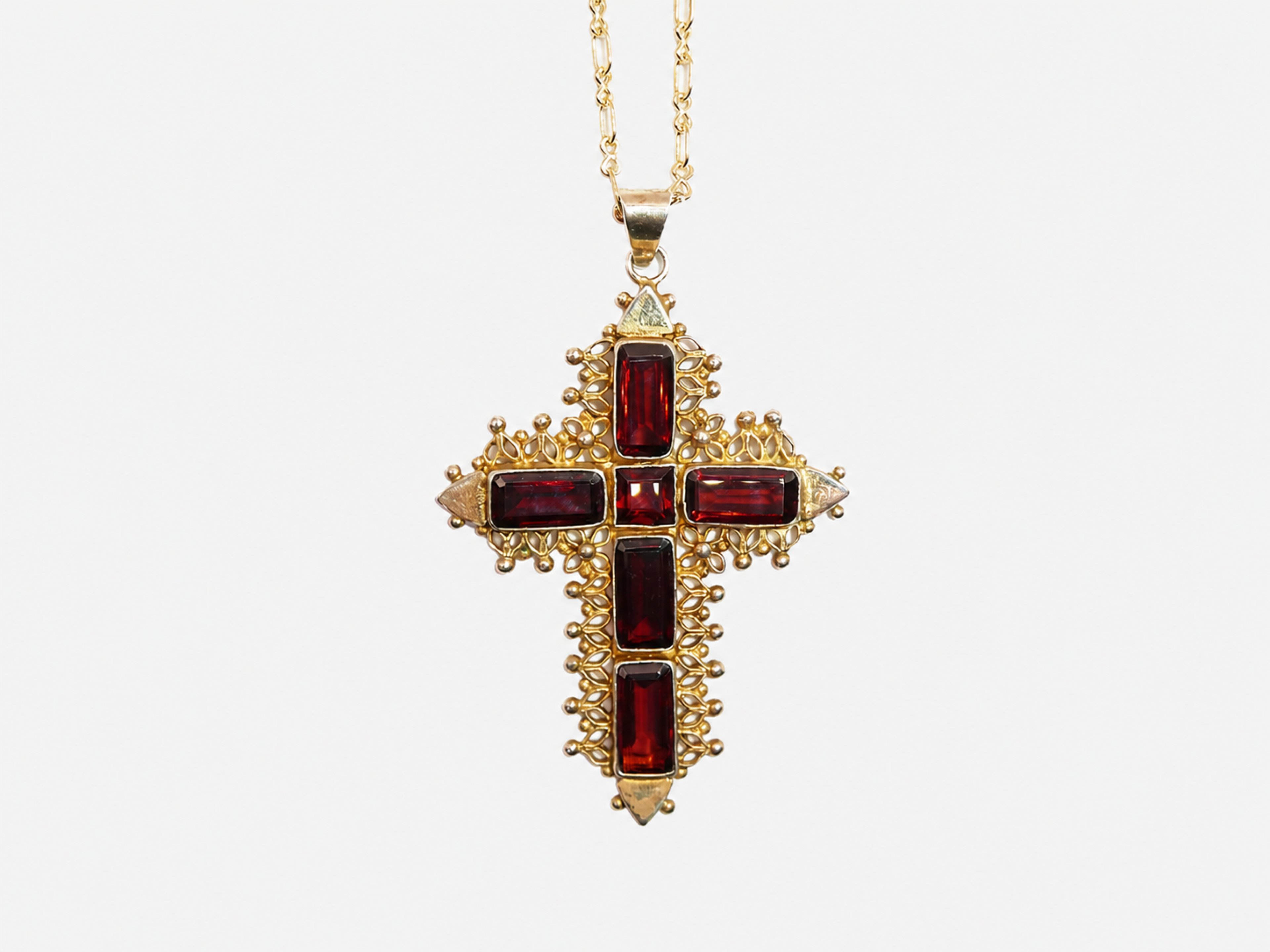 Vintage Gold Garnet Filigree Cross Necklace