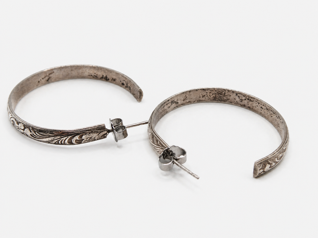 Vintage Silver 3/4 Etched Hoop Earrings