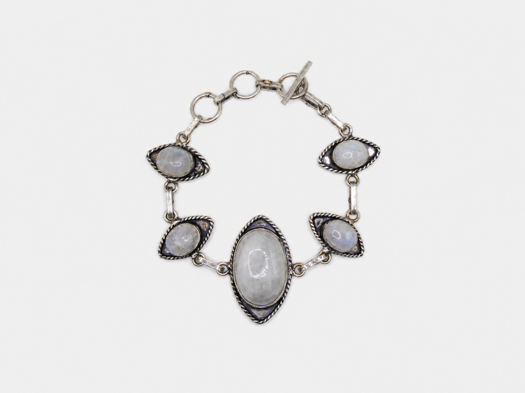 Vintage Silver Moonstone Oval Center Toggle Bracelet