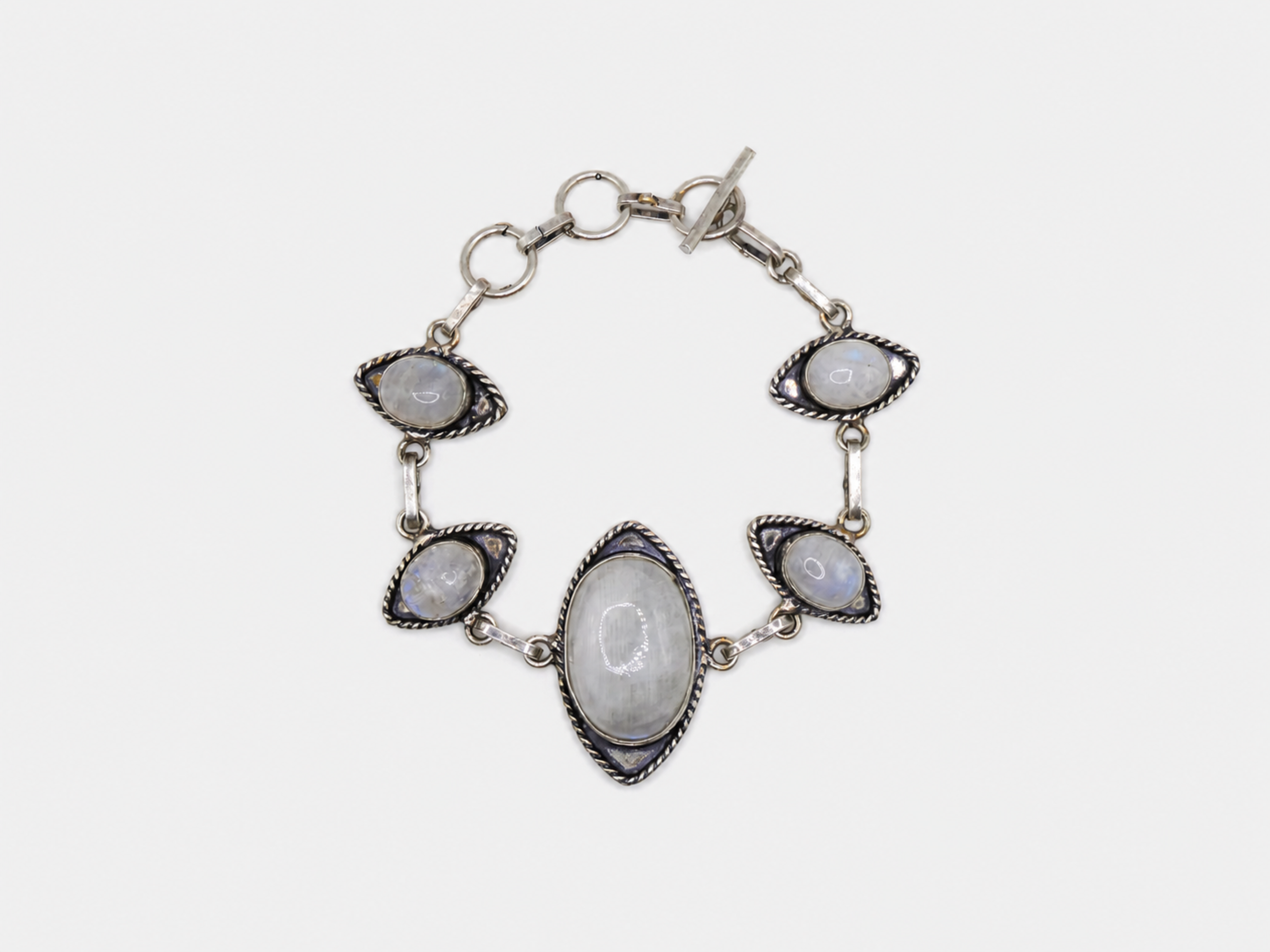 Vintage Silver Moonstone Oval Center Toggle Bracelet