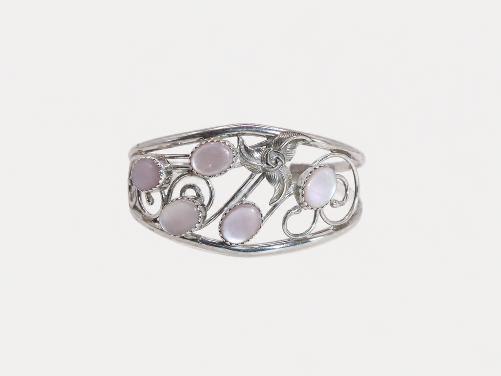 Vintage Silver & Pink Mother of Pearl Flower Cuff Bracelet