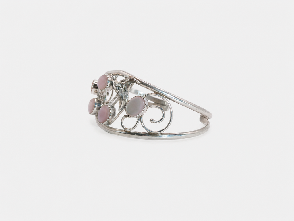 Vintage Silver & Pink Mother of Pearl Flower Cuff Bracelet
