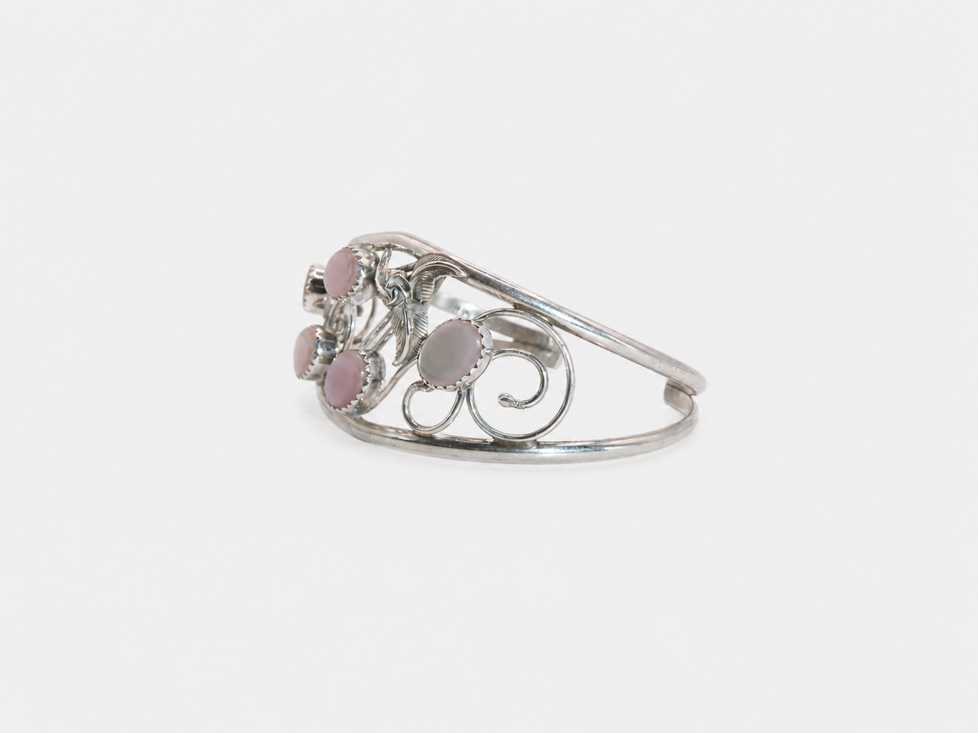Vintage Silver & Pink Mother of Pearl Flower Cuff Bracelet