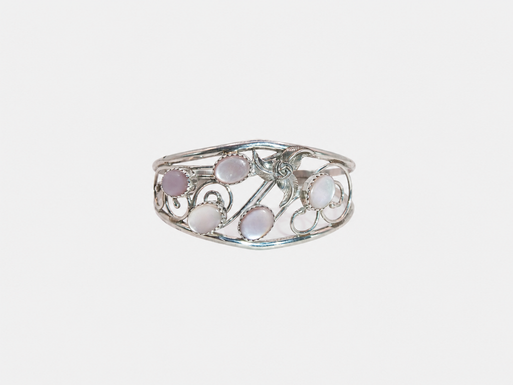Vintage Silver & Pink Mother of Pearl Flower Cuff Bracelet
