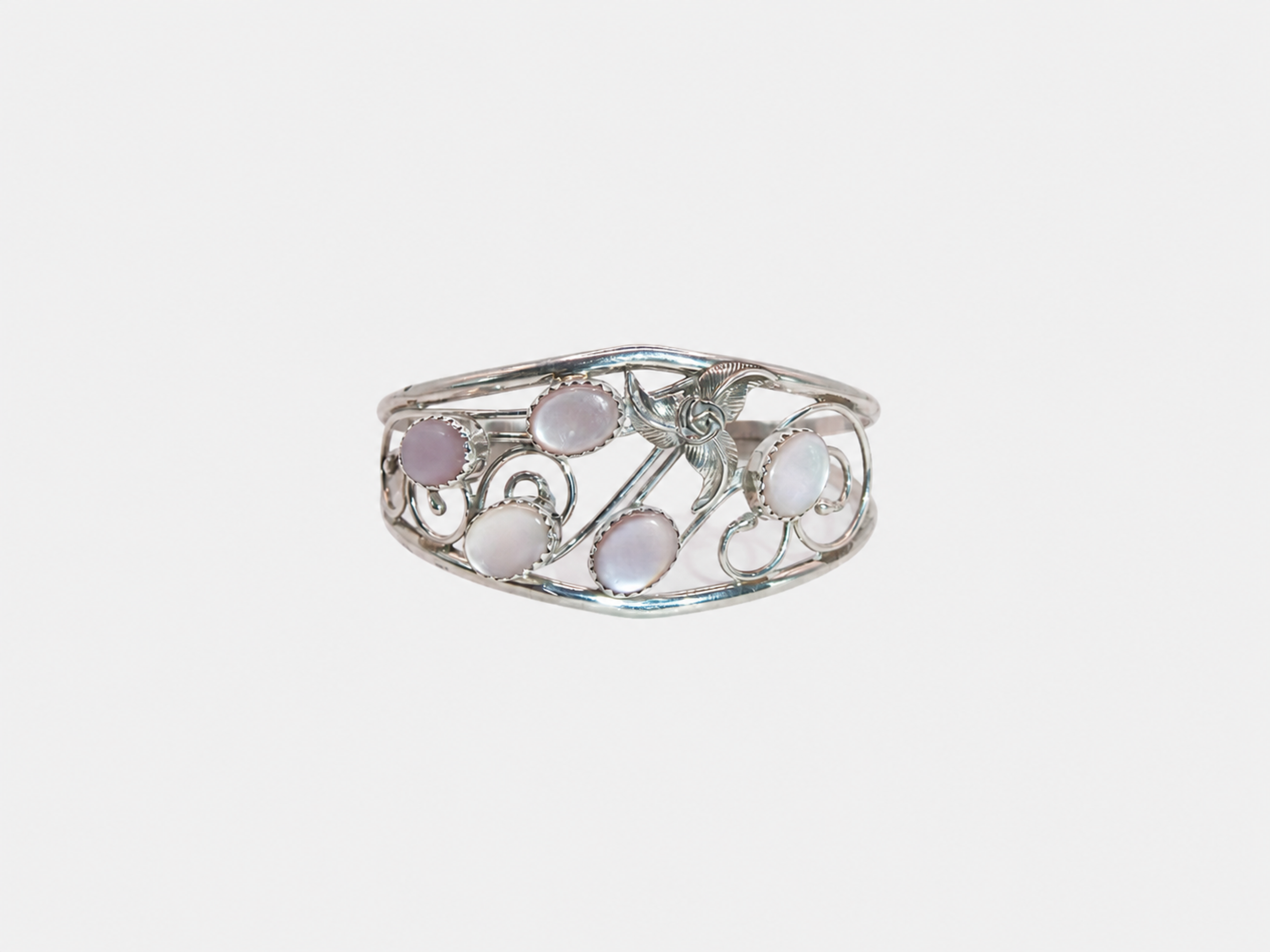 Vintage Silver & Pink Mother of Pearl Flower Cuff Bracelet