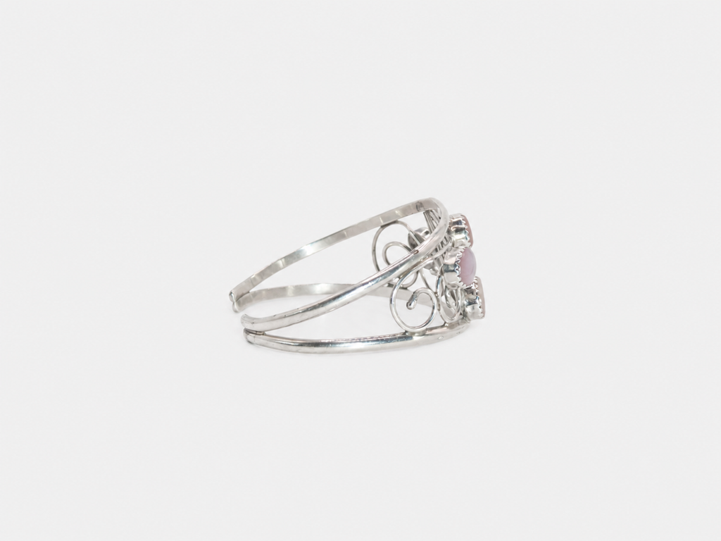 Vintage Silver & Pink Mother of Pearl Flower Cuff Bracelet