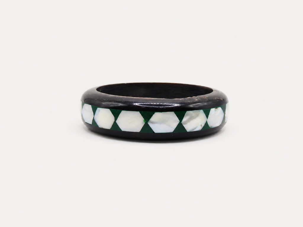 Vintage Mother of Pearl & Green Enamel Bangle Bracelet