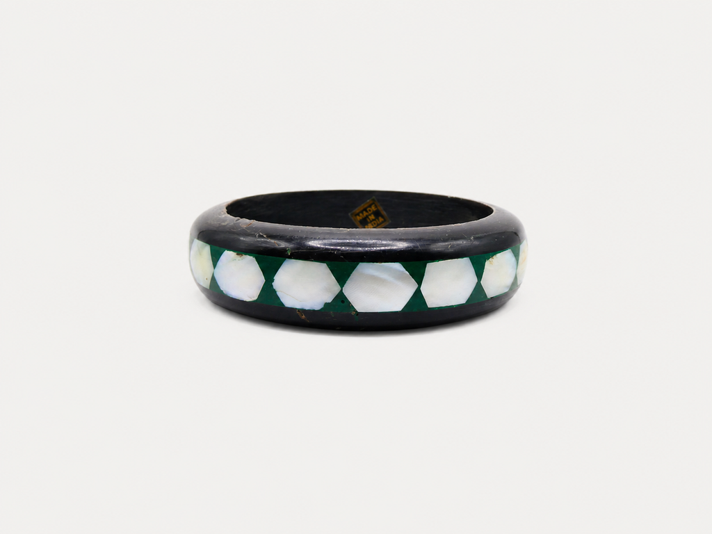 Vintage Mother of Pearl & Green Enamel Bangle Bracelet