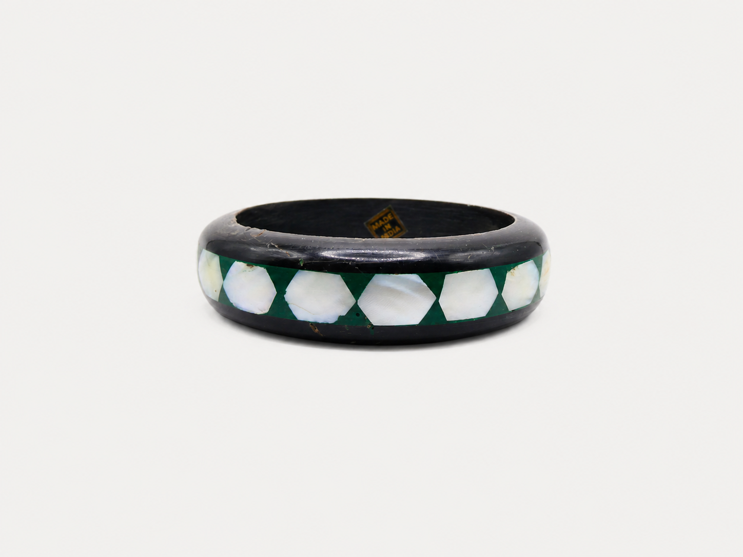 Vintage Mother of Pearl & Green Enamel Bangle Bracelet