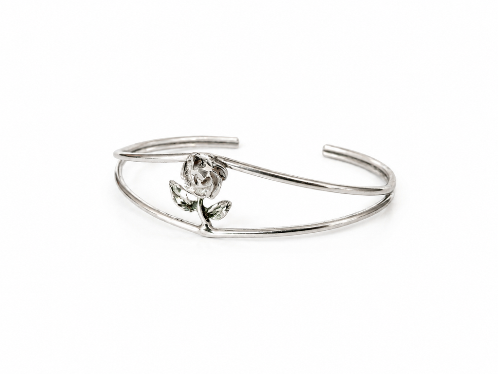 Vintage Silver Rose Cuff Bracelet