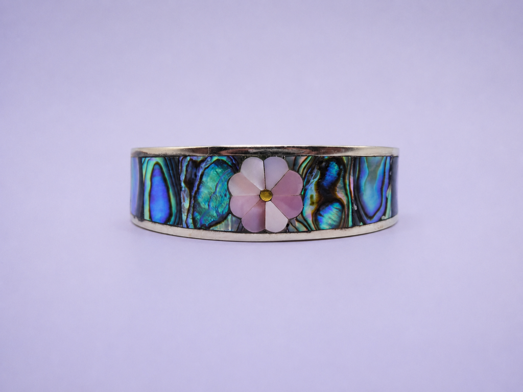 Vintage Silver Abalone Flower Inlay Cuff Bracelet