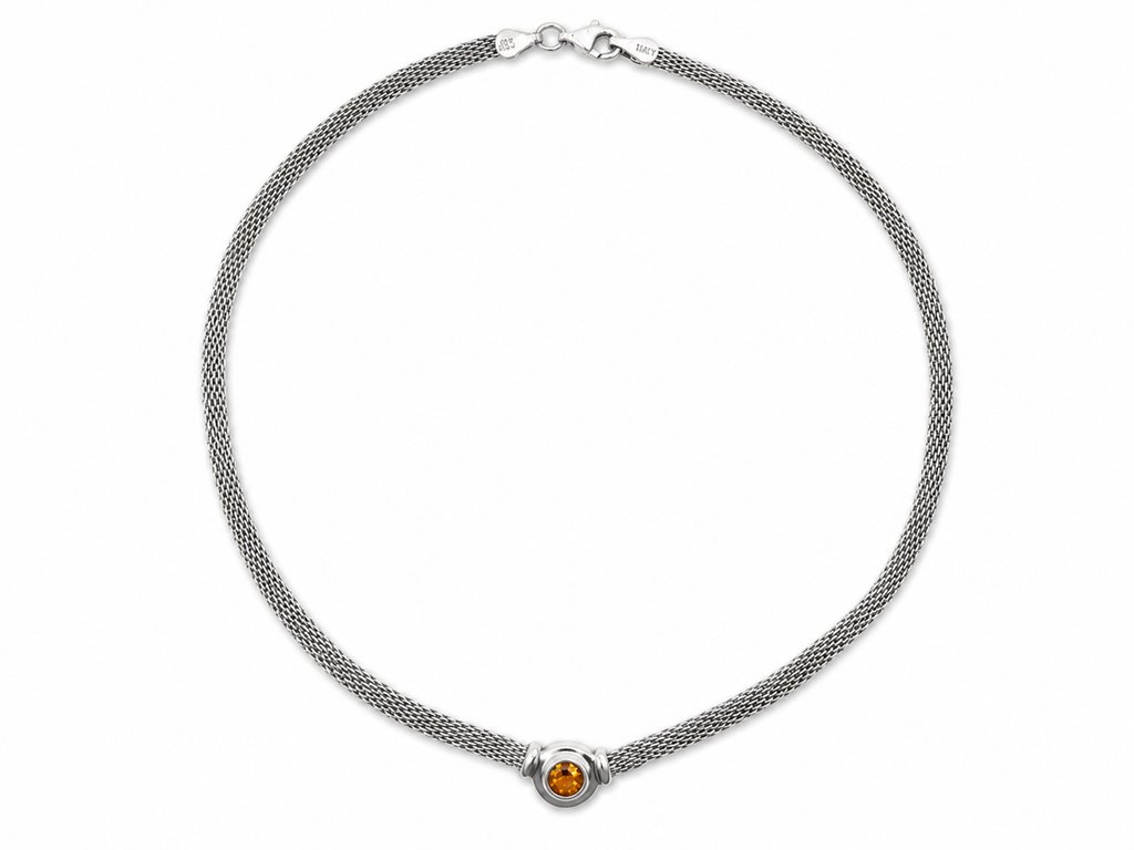 Vintage Italian Silver Mesh Link Citrine Necklace