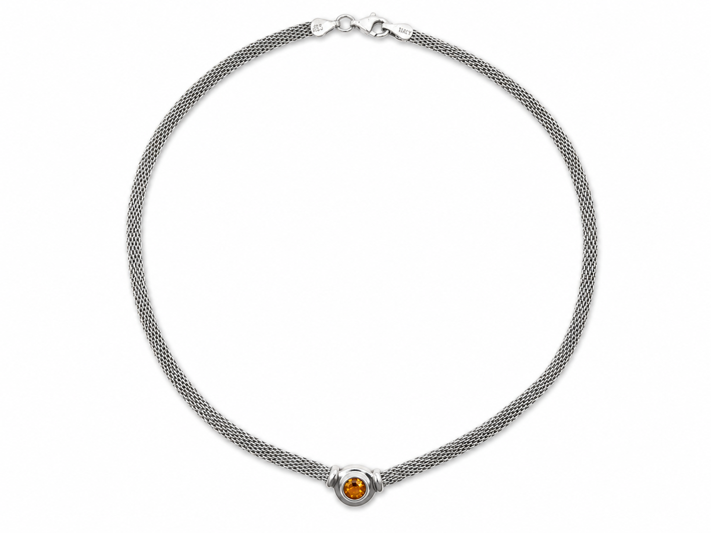 Vintage Italian Silver Mesh Link Citrine Necklace