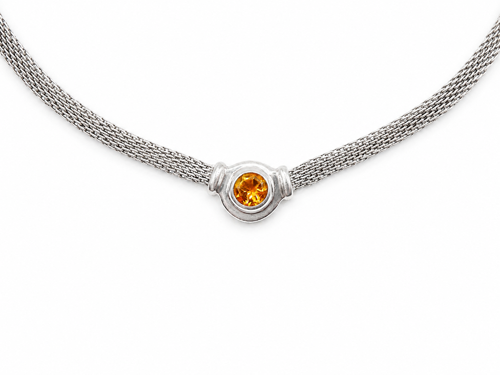 Vintage Italian Silver Mesh Link Citrine Necklace